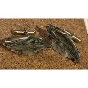 Vintage Shields Mid Century Carved Abalone Shell Wing Cuff Links MCM Gold Tone